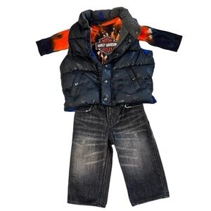 HARLEY DAVIDSON Tie-dye Onesie GAP Skeleton Puffer Vest Black Jeans 12-18 months